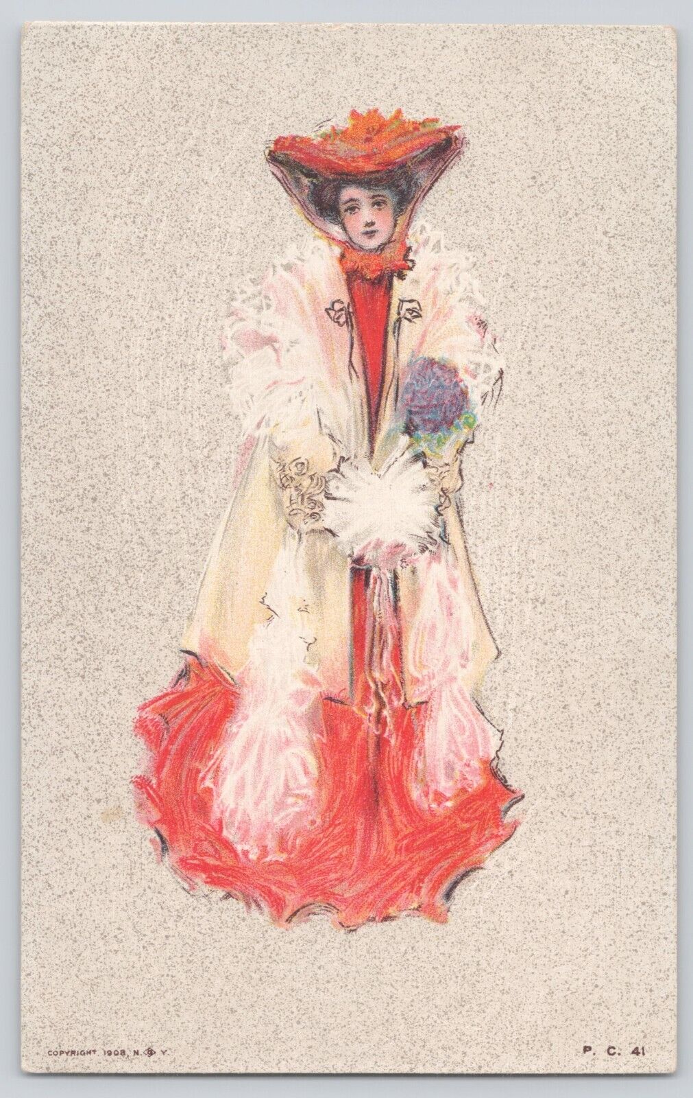 Postcard Artist Painting Sketch Of Beautiful Lady In Red & White Antique