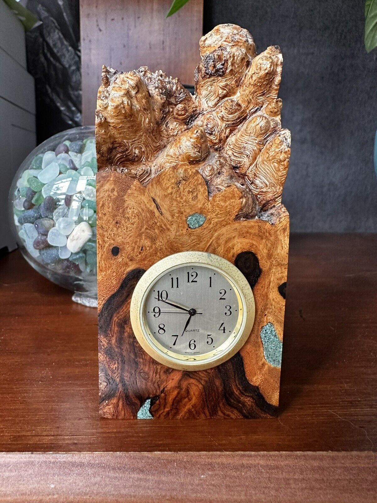 Turquoise Inlay Wood Clock Handmade Beautifully Crafted