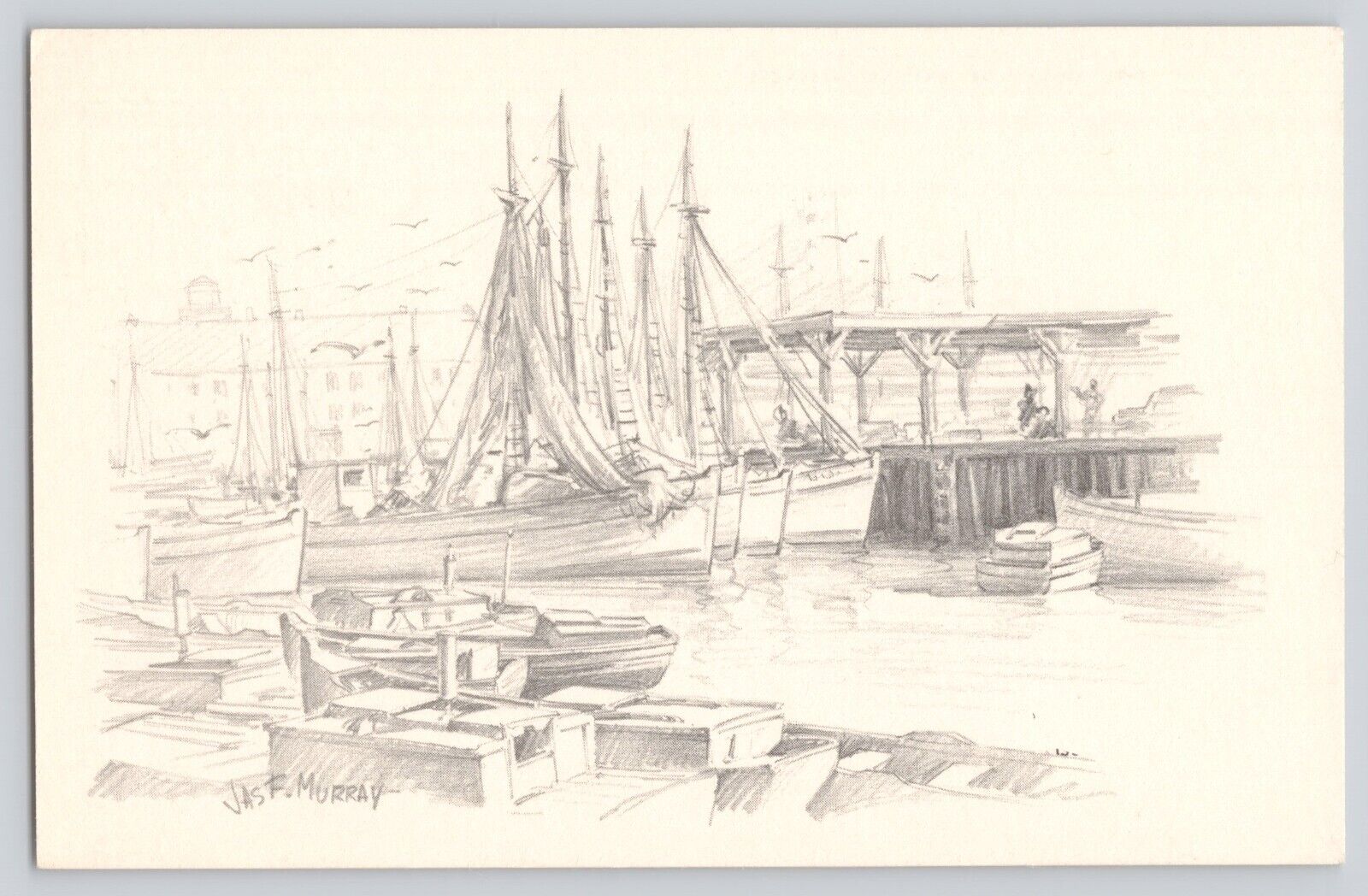 Postcard Artist Sketch Jas F. Murray Sailboats Docked Vintage Unposted