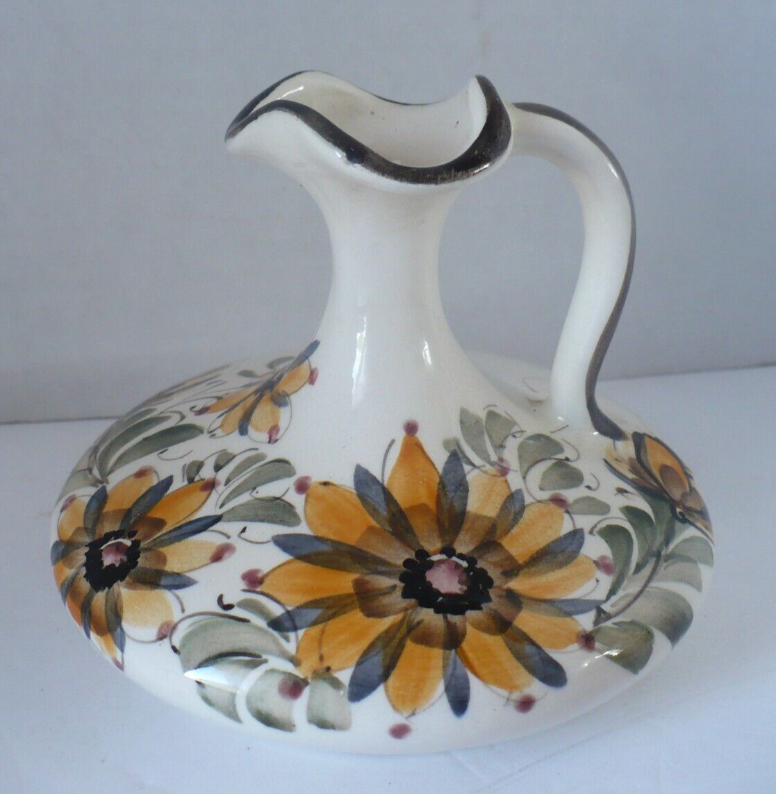 Vintage Hand Painted Ceramic Squatty Vase w/Sunflowers