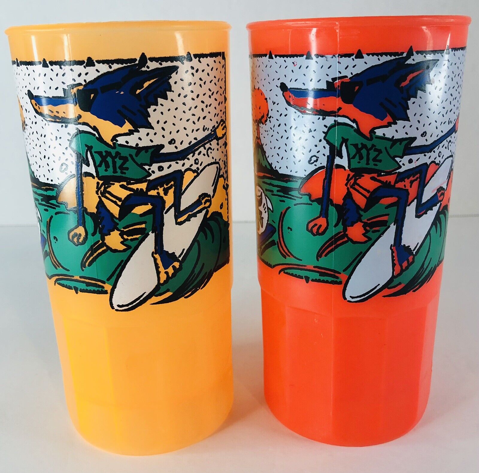 XYZ Surf Wolf  Plastic Mug Cup SUPER 22 Made in USA VTG  (Lot of 2)