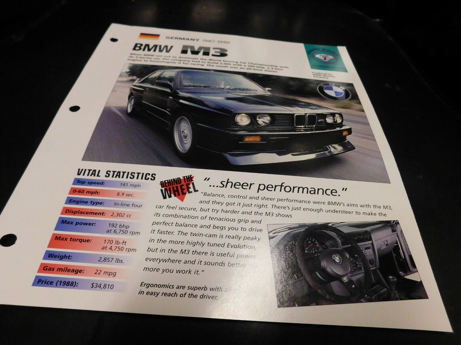 1987-1990 BMW M3 Spec Sheet Brochure Photo Poster 88 89
