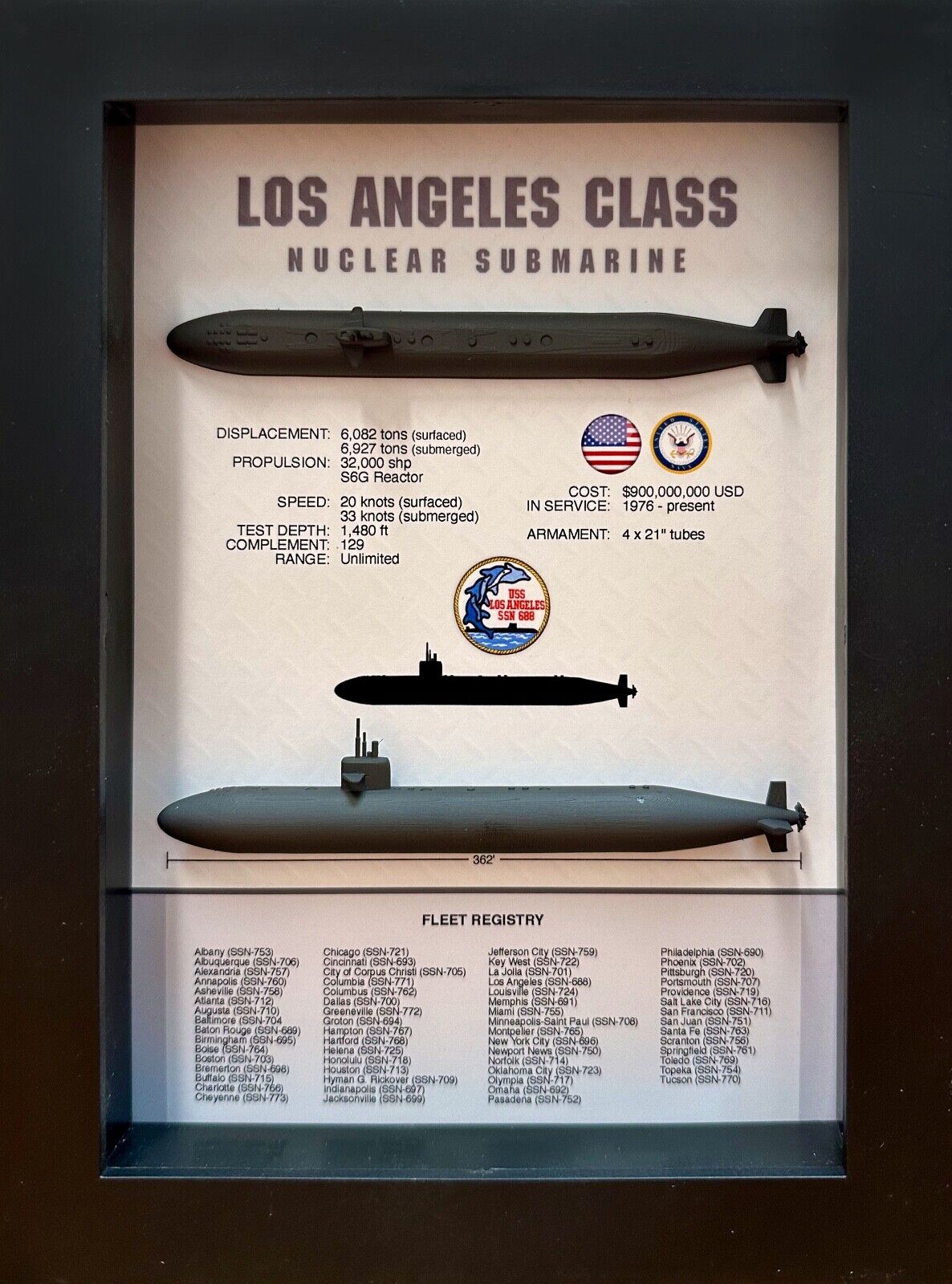 Los Angeles Class Submarine Shadow Display Box, 5.75\