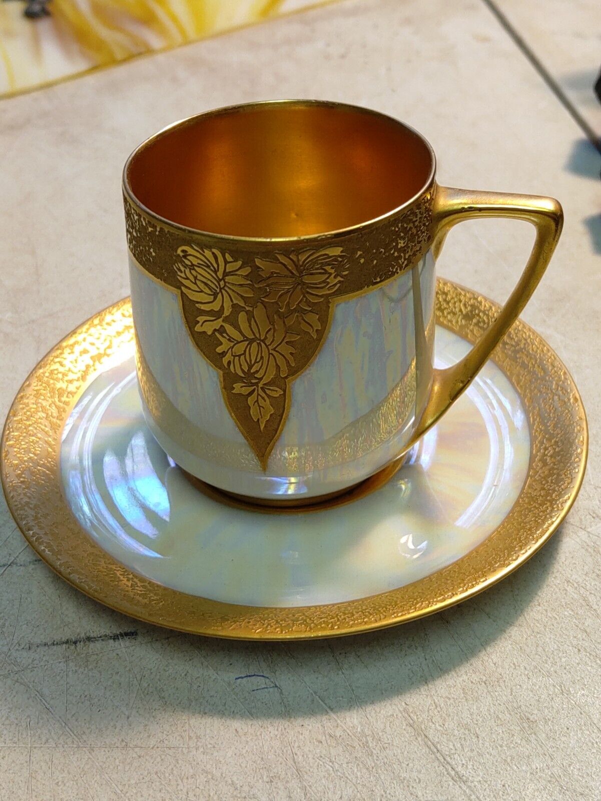 Antique Cup & Saucer Expresso Sz. Hand Painted In Gold Artist Signed