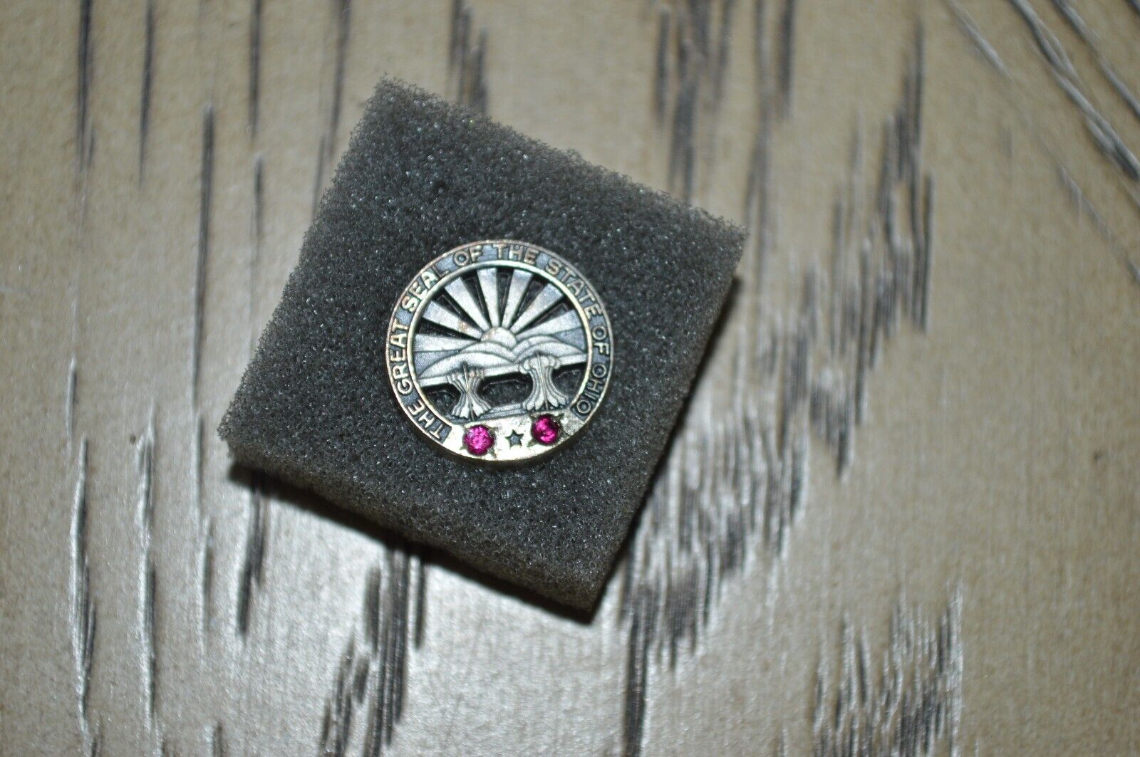 The Great Seal State of Ohio Sterling Silver Double Red Stone Vintage Lapel Pin