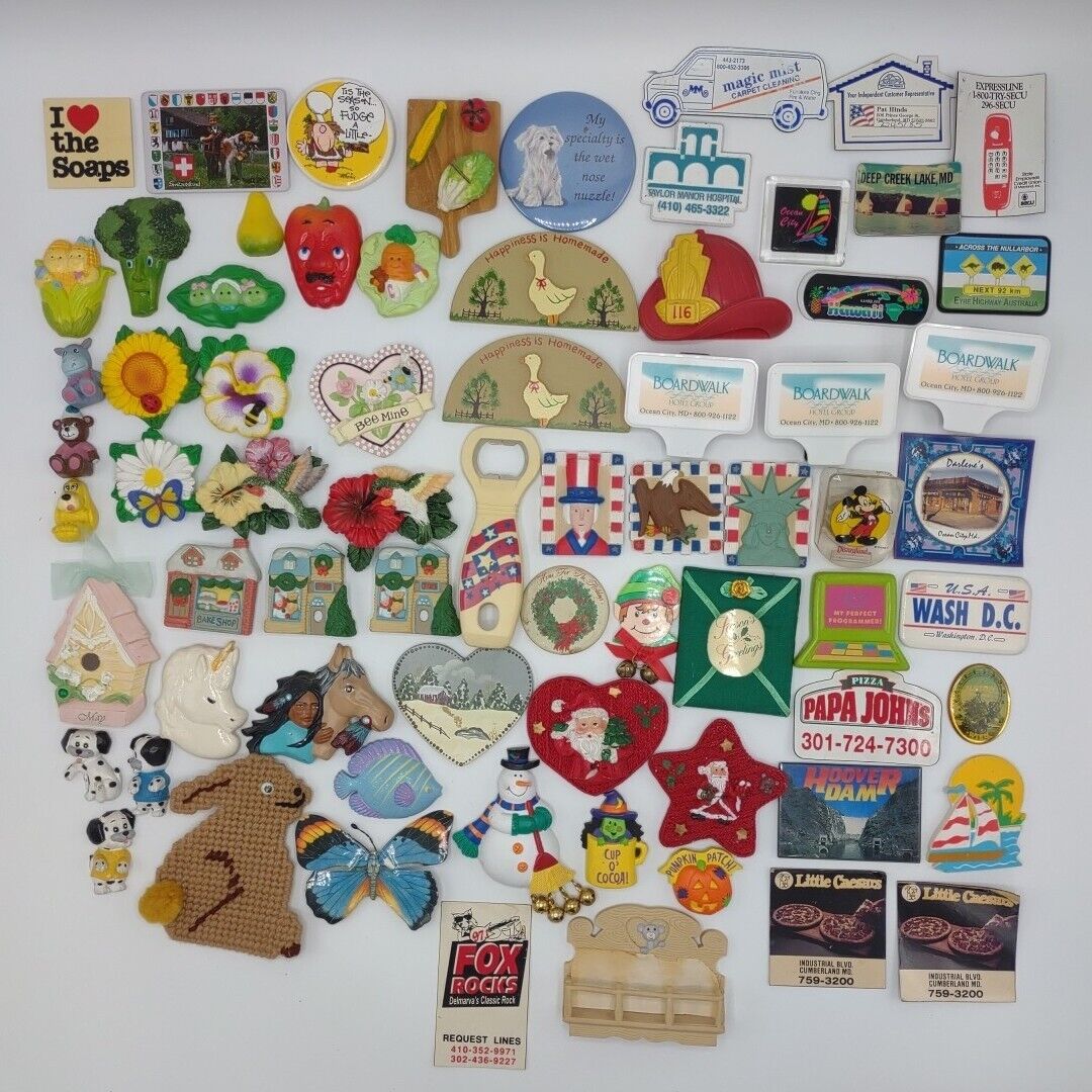 HUGE lot of 71 Fridge Magnets Variety Travel Advertising Fruits Animals Vintage