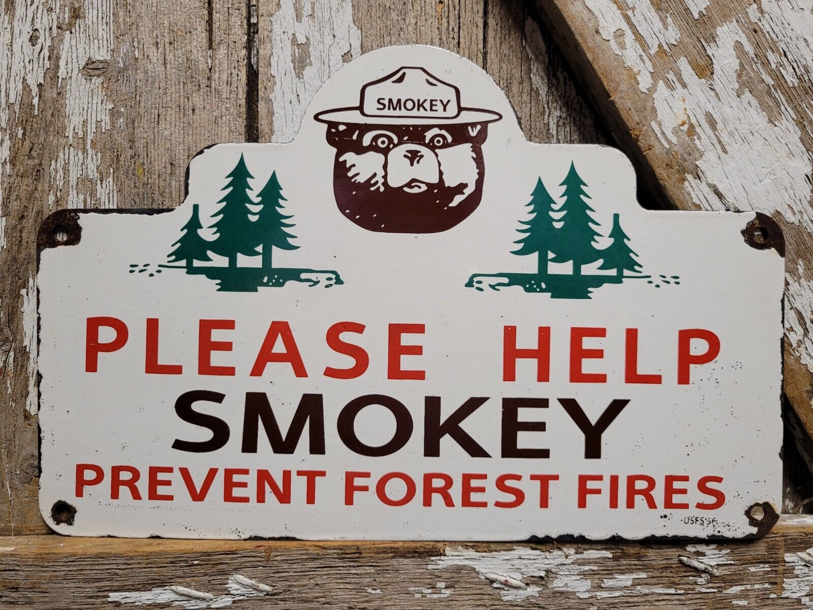 VINTAGE SMOKEY BEAR PORCELAIN SIGN 1956 US FOREST SERVICE NATIONAL PARK FIRE 