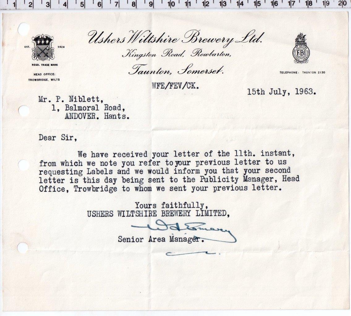 1963 Trowbridge USHERS WILTSHIRE BREWERY Letter / Billhead - Taunton Somerset