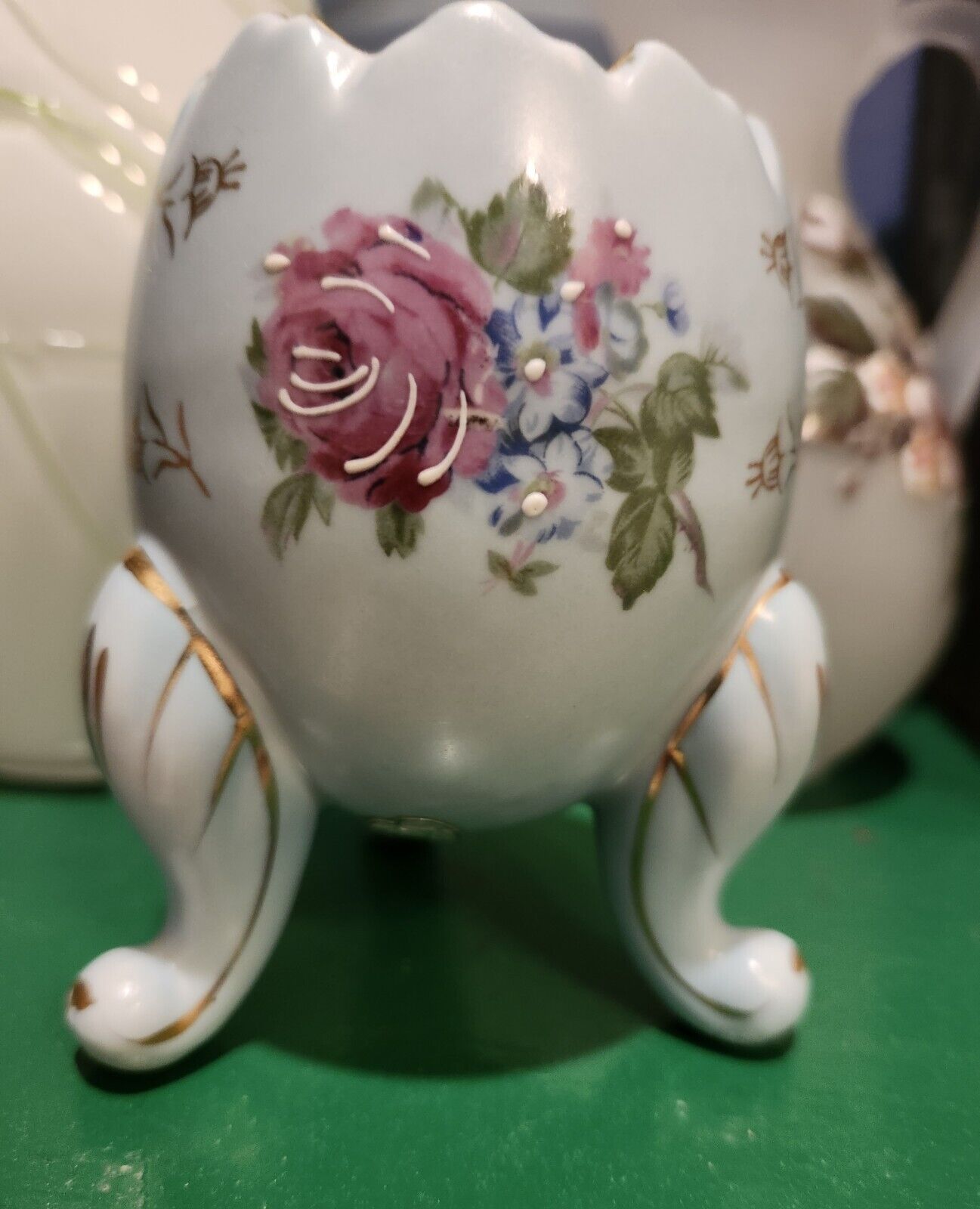 Vintage Ceramic Footed Napco Egg Flower Vase Pastel Blue With Roses And Gold...