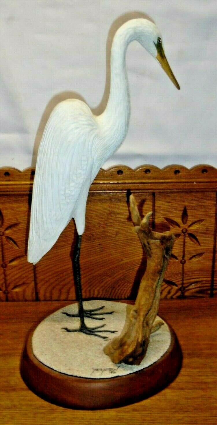 1991 Tom Ahern Carved Wood Stork Bird Statue - Base As Is - 17 1/2\