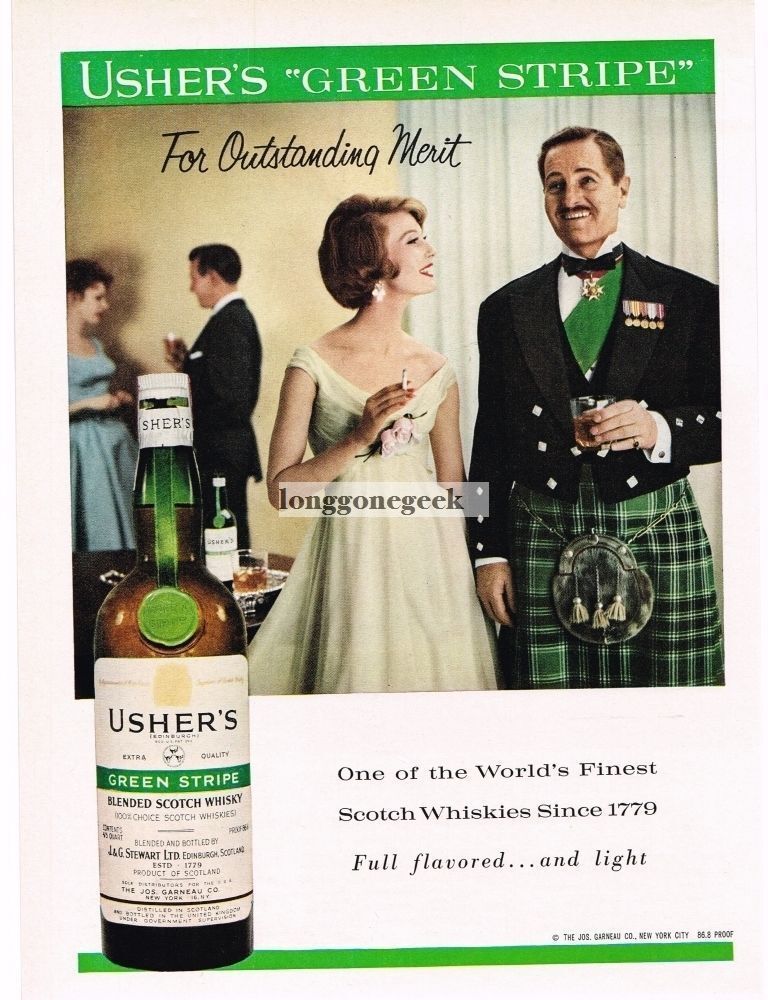 1959 Usher's GREEN STRIPE Scotch Whiskey Scottish Tartan Plaid Vintage Print Ad 