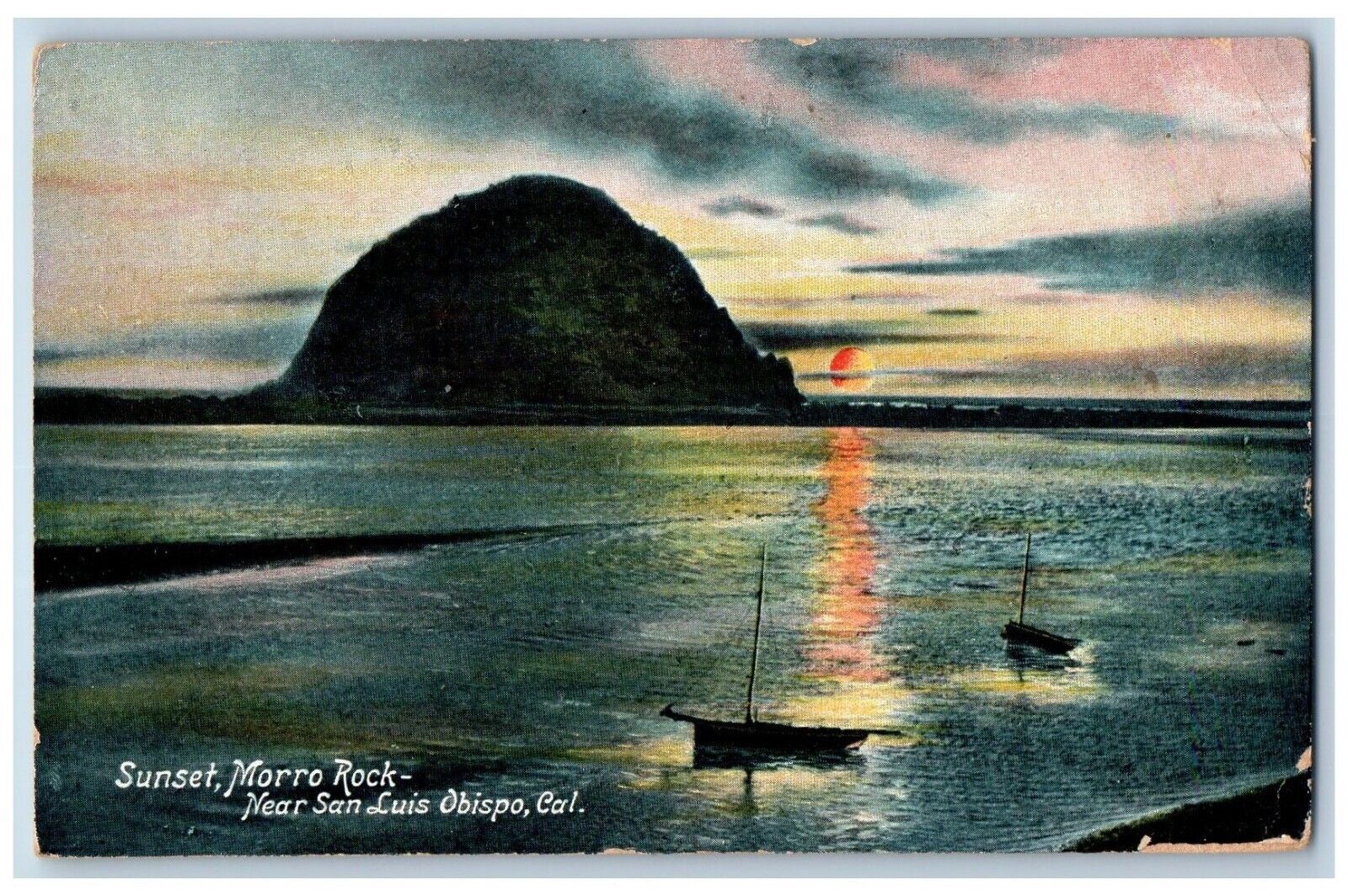 San Luis Obispo California CA Postcard Sunset Morro Rock c1910 Vintage Antique
