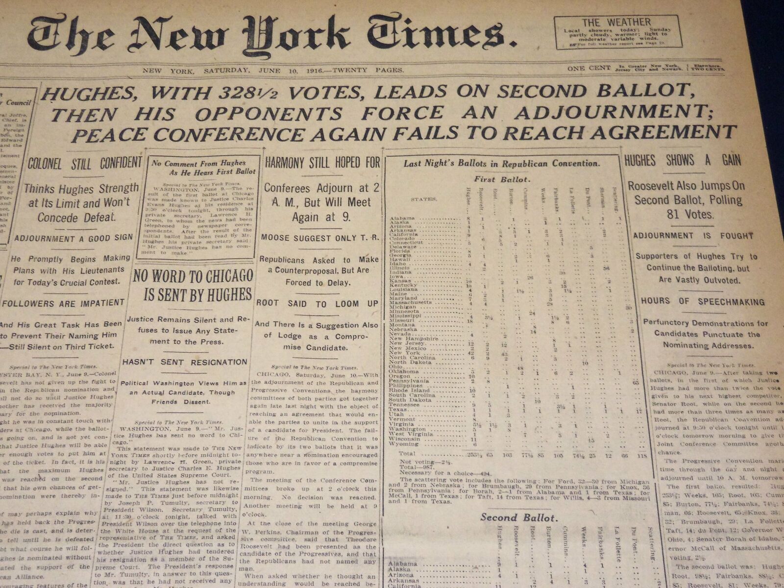 1916 JUNE 10 NEW YORK TIMES - HUGHES LEADS WITH 328 1/2 VOTES - NT 8610