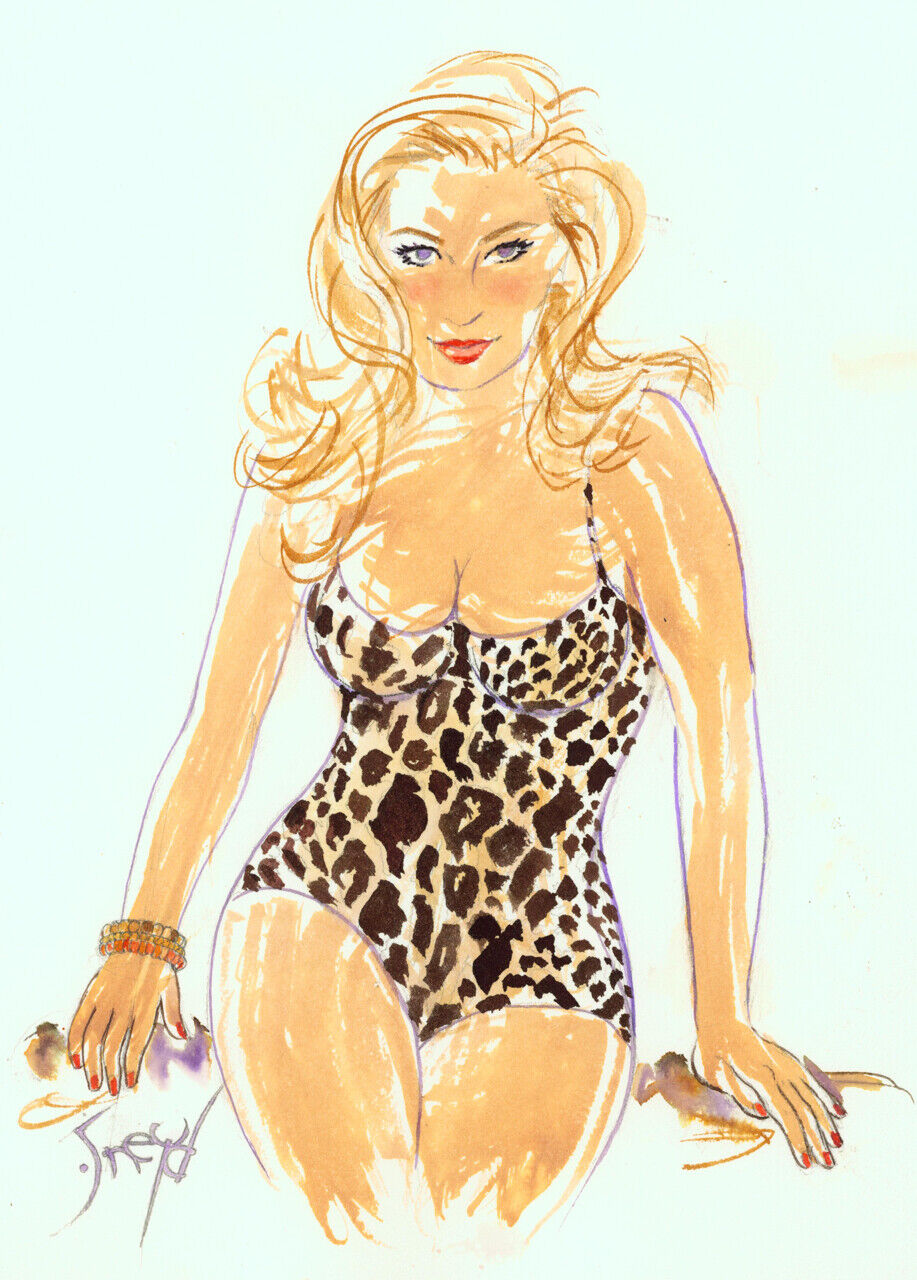 Playboy Artist Doug Sneyd Signed Original Art Sketch ~ Blond in Leopard Skin