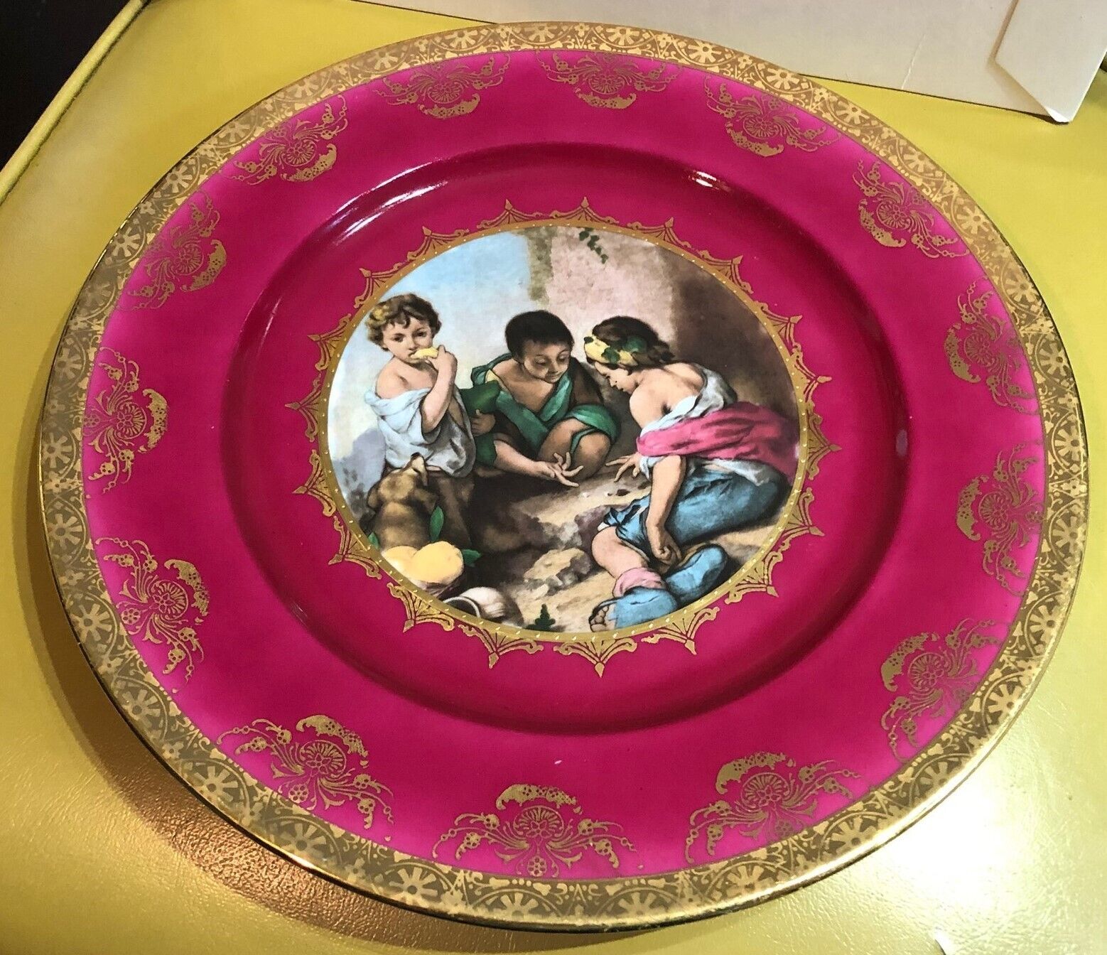 Vintage Porcelain Plate German Bartolome Murillo Beggar Boys Pink Gold Border