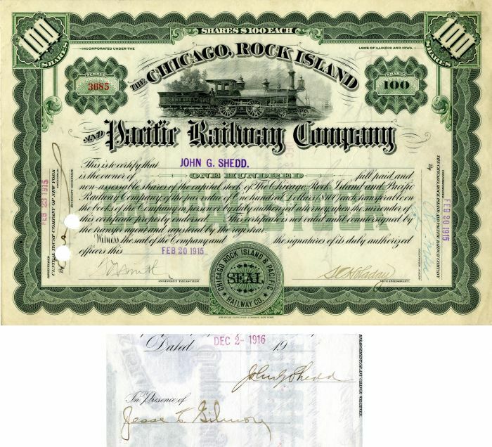 Chicago, Rock Island and Pacific Railway signed by John Graves Shedd - Stock Cer