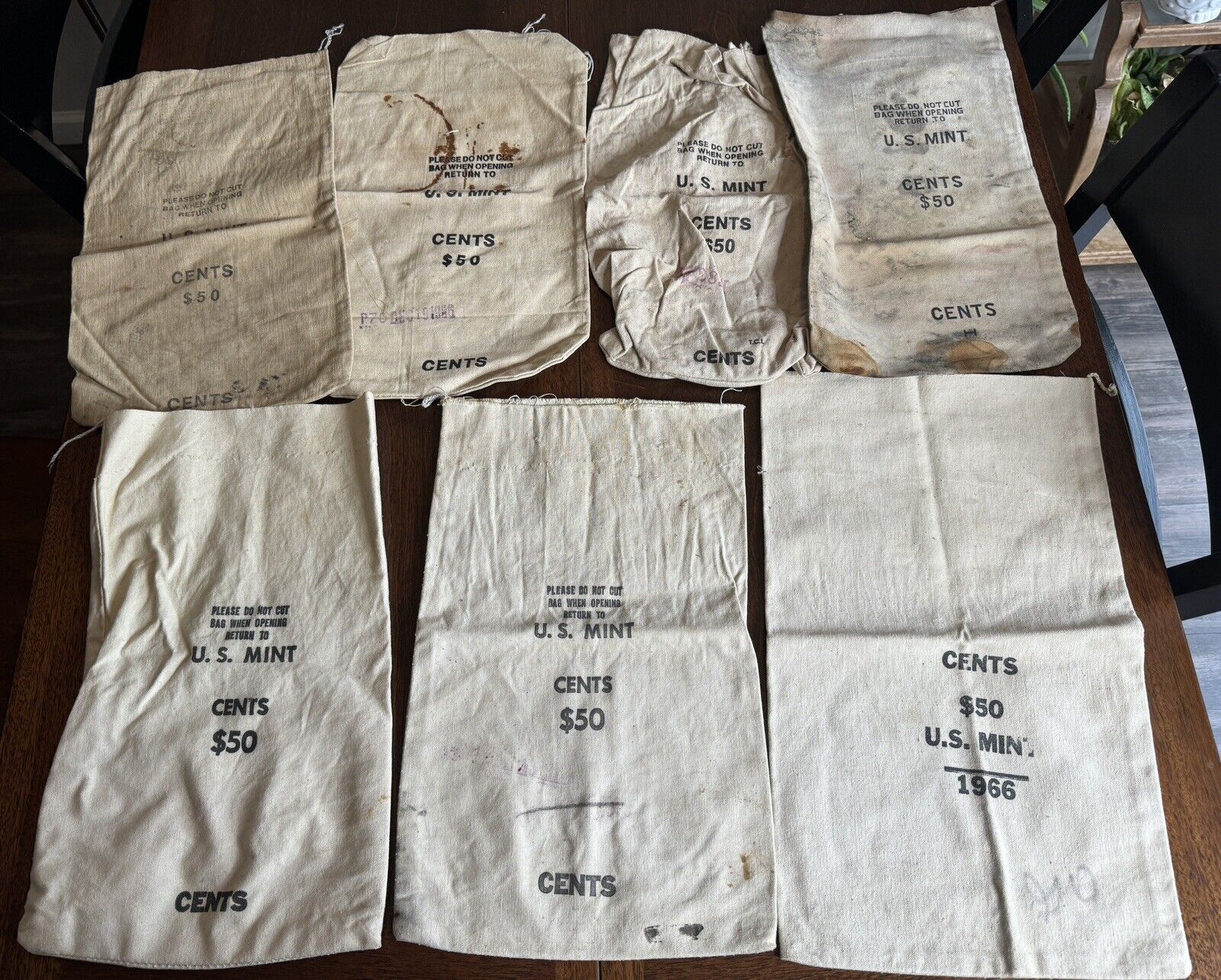 Lot of SEVEN EMPTY U.S. MINT CENTS $50 CANVAS COIN BAGS (1966)