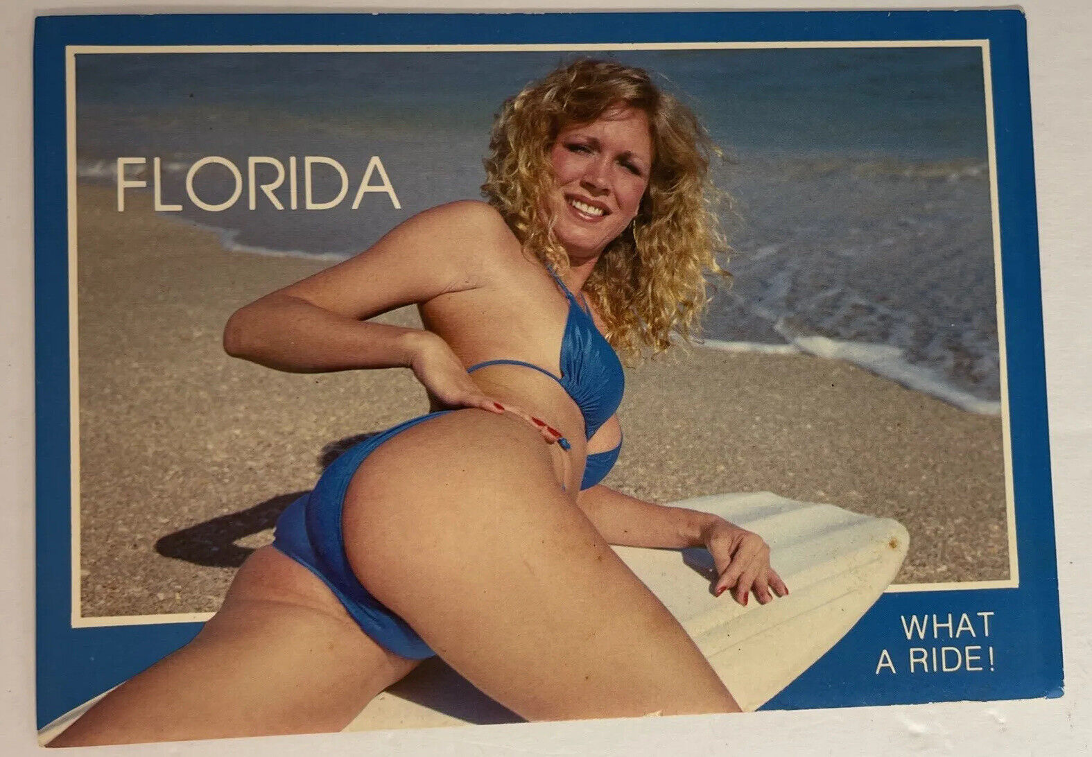 Vintage Florida Post Card Girl in Bikini Surfboard 'What A Ride'  ZZ