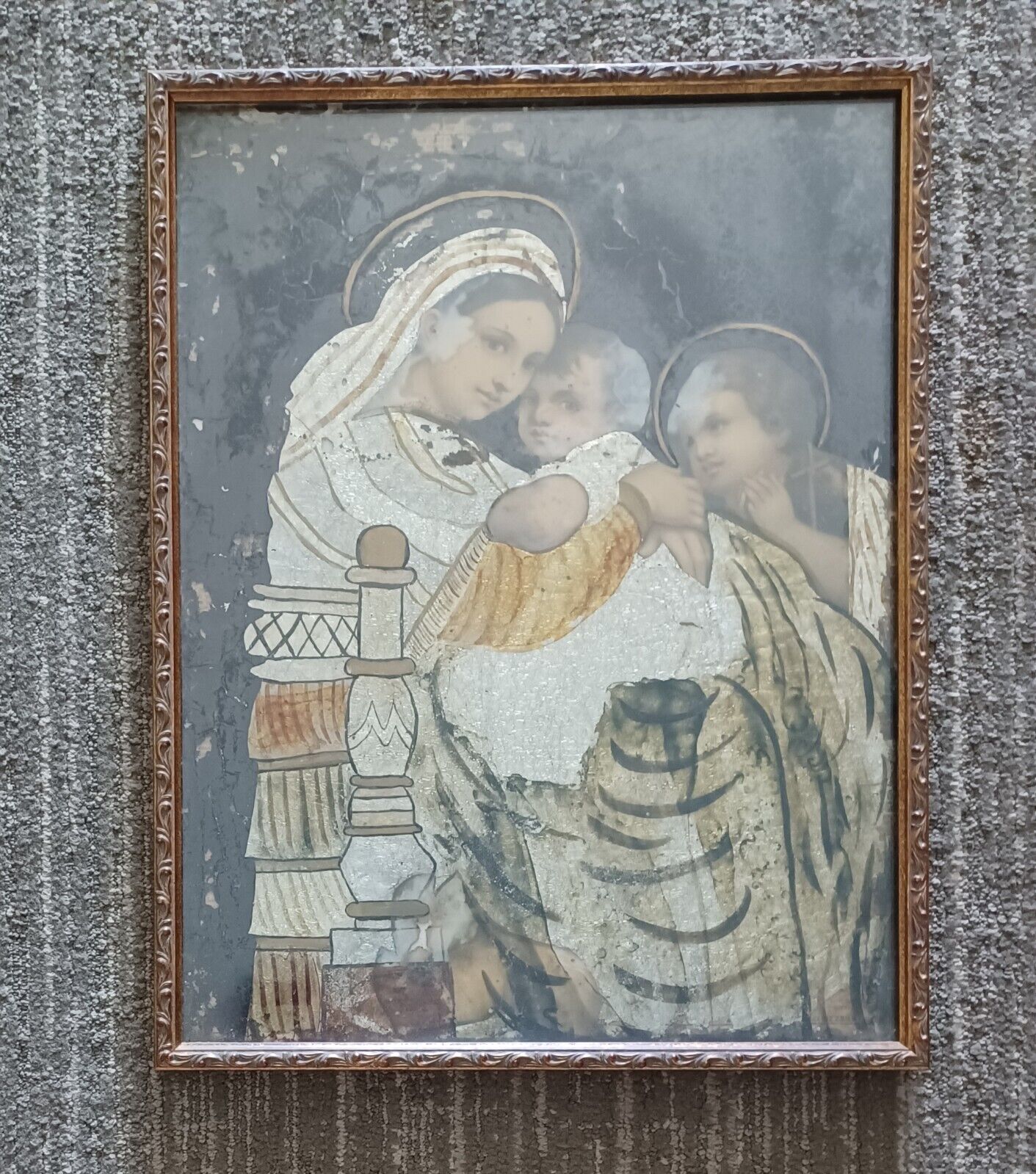 Madonna And Child With Saint Gabriel. Antique Folk Art.