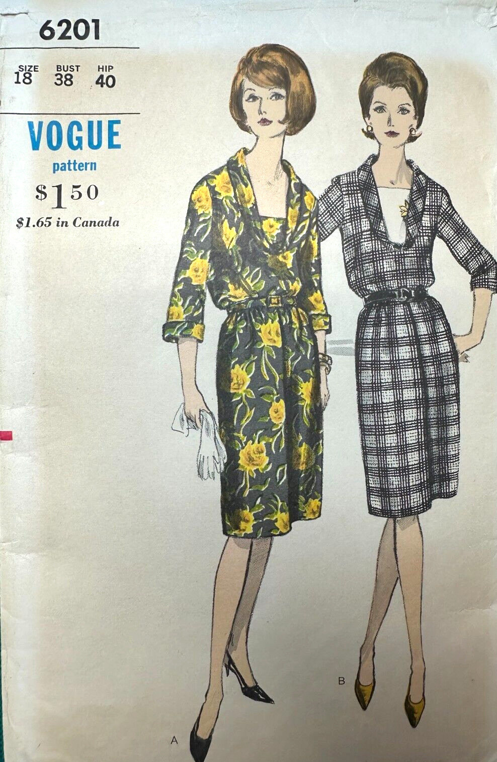 VIntage 1960s VOGUE Pattern Shirt Dress Scoop Neck Dress VOGUE 6201 Sz18 B38