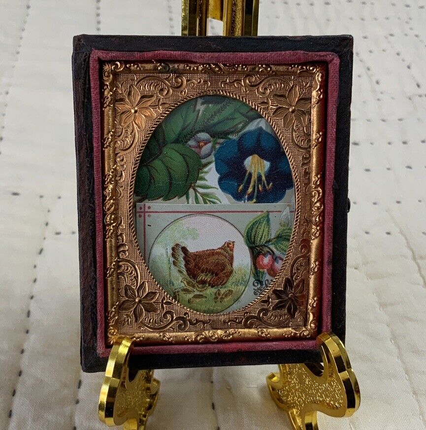 Vintage Antique Victorian Trade Card Ephemera Framed, Union Case, Chick, Flowers