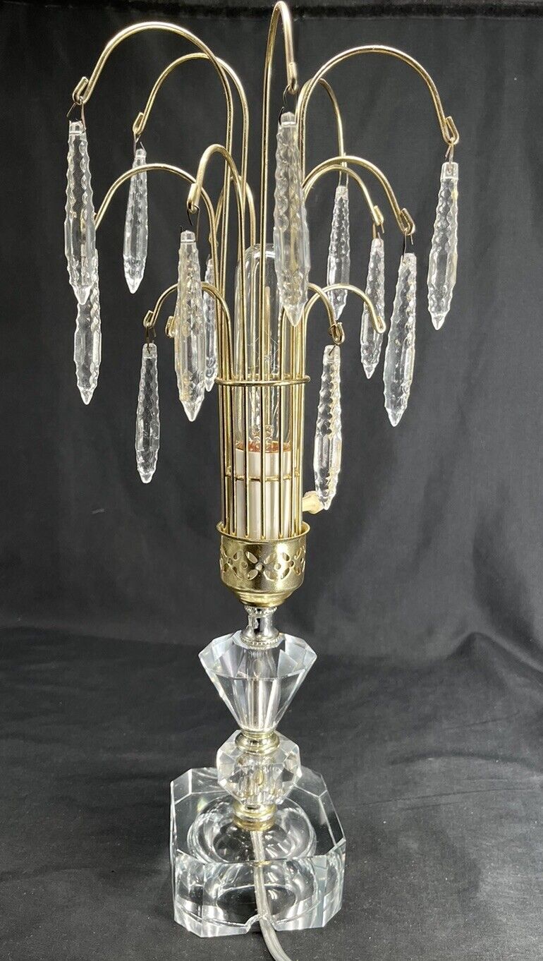 Vintage Hollywood Regency Crystal Glass Waterfall Table Lamp w/Lead Crystals EUC