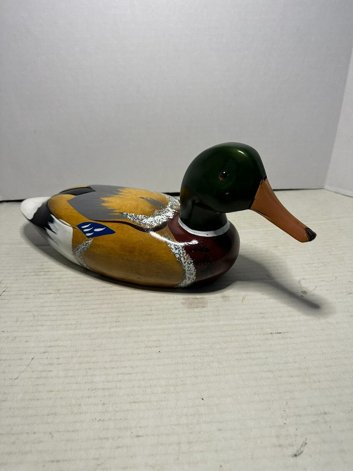 Vintage Wooden Mallard Drake Duck Hand Painted and carved with Glass