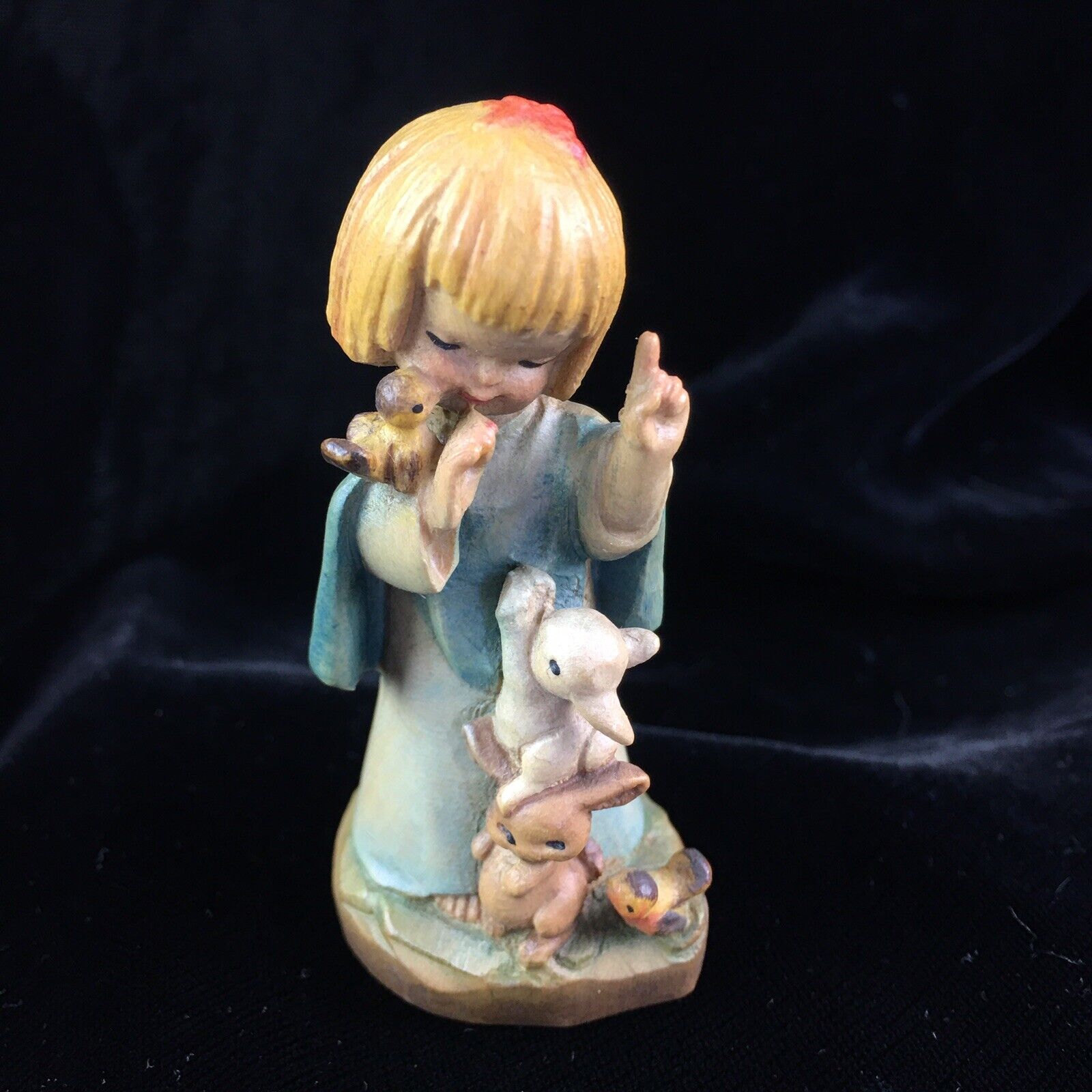 Anri Ferrandiz Girl with Bunnies & Birds 3” Carved Wood Figurine Italy Miniature