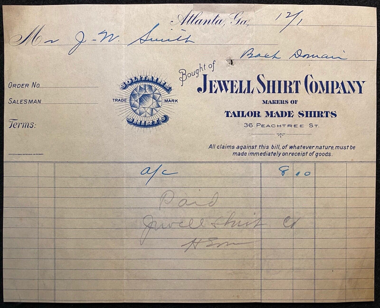 1910 **JEWELL SHIRT COMPANY** BILLHEAD+TRADEMARK LOGO+NOTABLE:  JASPER N. SMITH