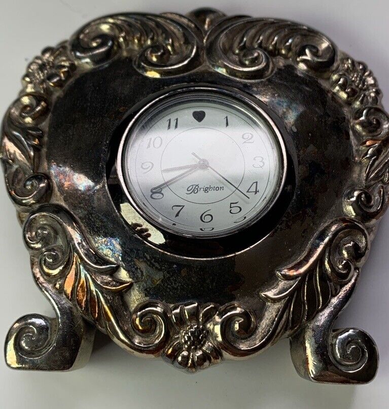 Vintage Brighton Desk Clock - Silver Tone Heart Shaped & Scroll 1996 -dead Batt