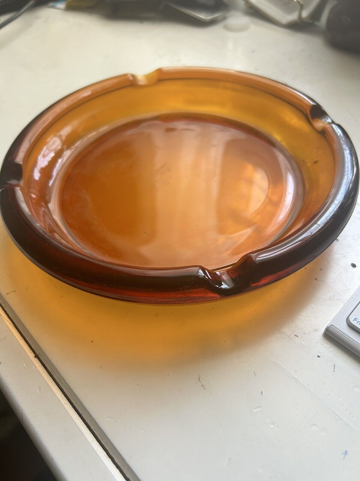 Vintage Transparent Amber Glass Ashtray  Round Mid Century Modern Plain