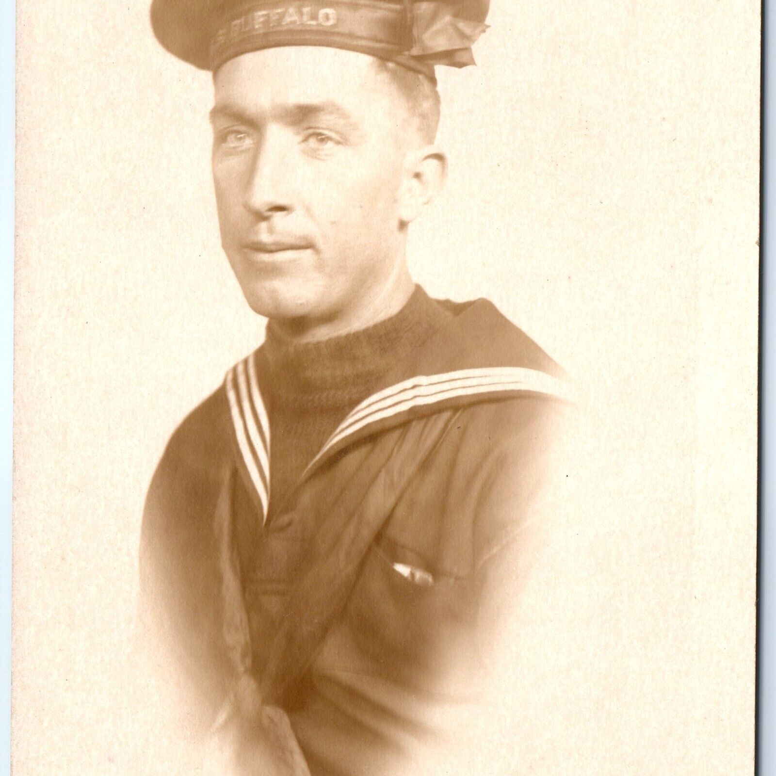 c1918 WWI USS Buffalo Navy Sailor RPPC Portrait Steamship Cruiser Hat Photo A155