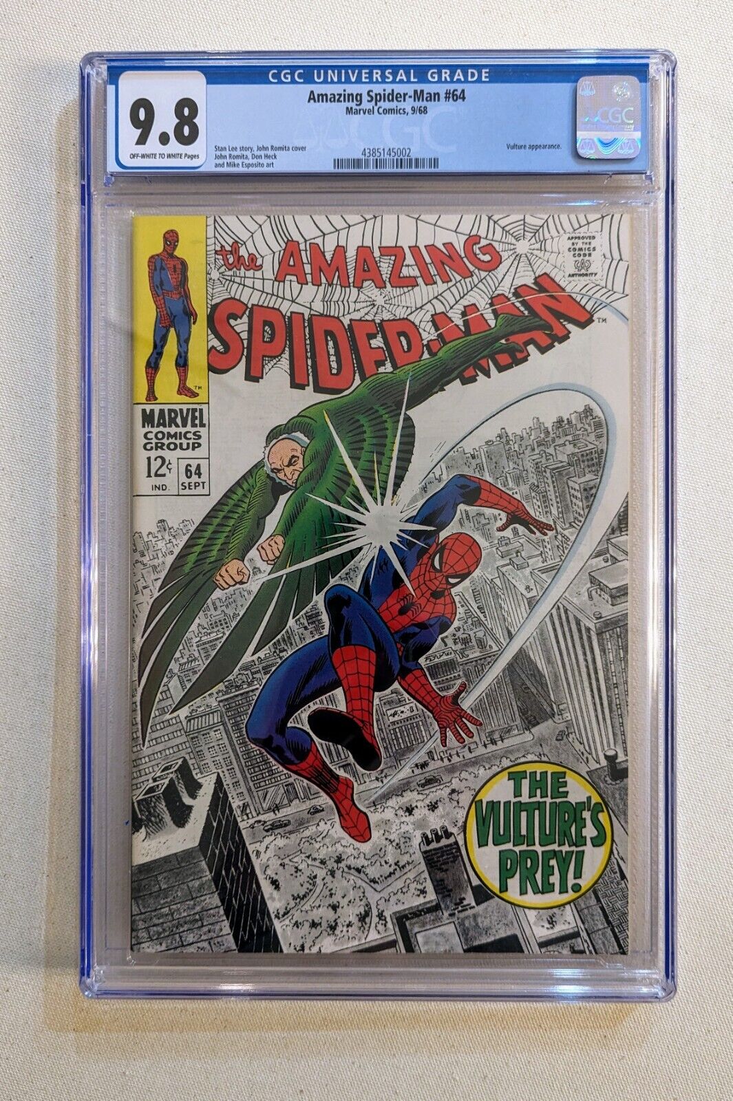 Amazing Spider-Man #64 Marvel, 1968 CGC 9.8 Iconic Vulture Cover