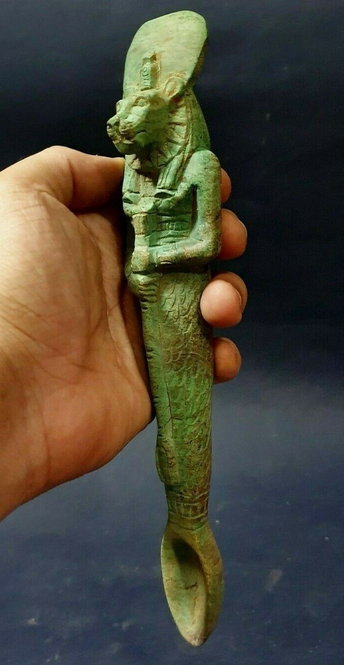 Ancient Egyptian Antiques Funeral Spoon Holded Goddess Sekhmet Egyptian Lion BC