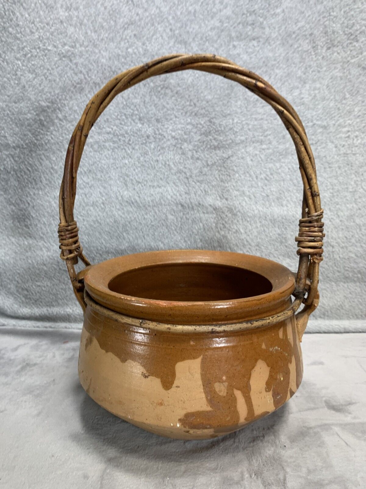 Clay Art Pottery Bowl with Wood Handle, Hand Painted