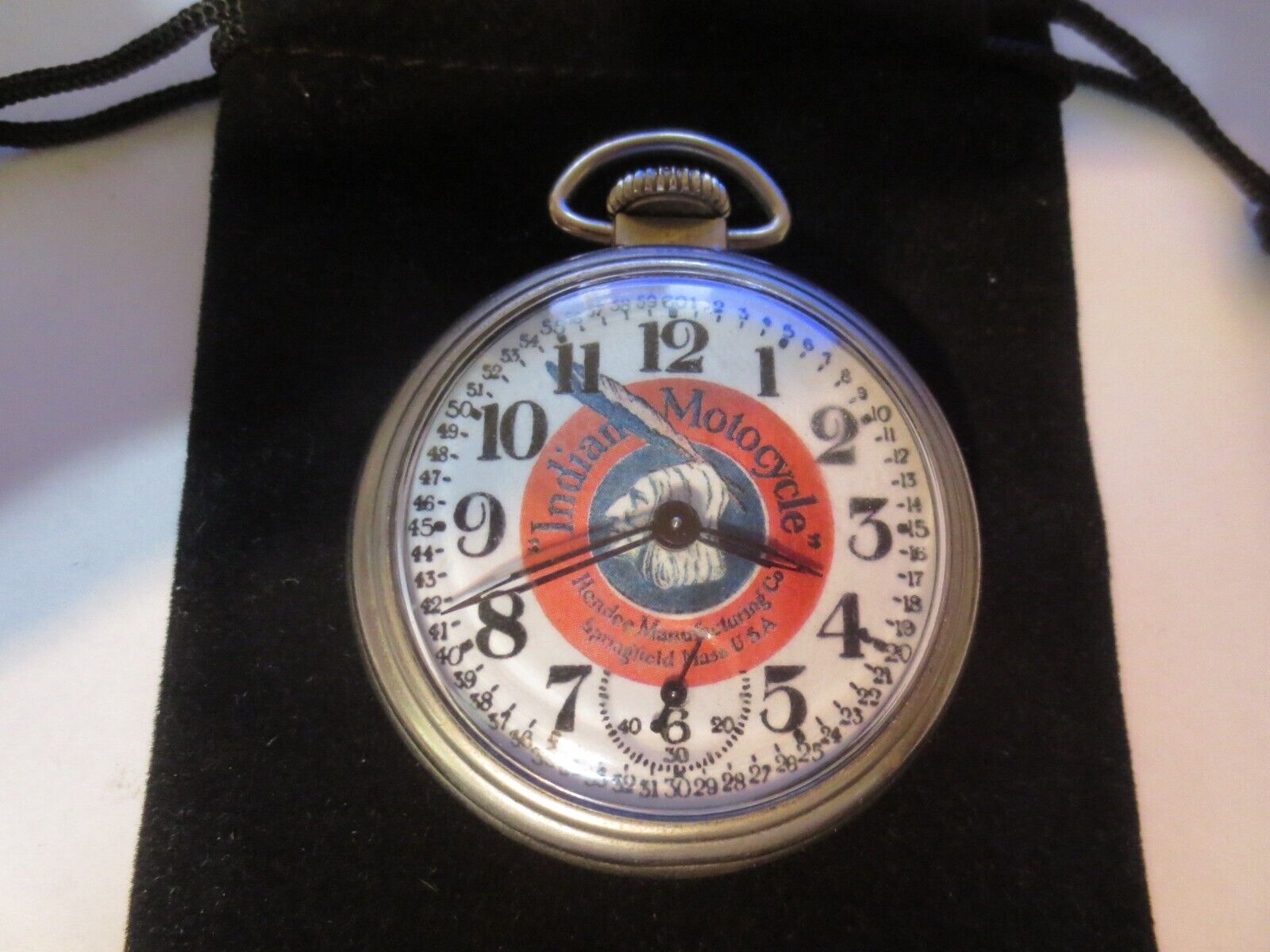 1960s 16s Pocket Watch Indian Motorcycle Ad Theme Dial & Case Runs Well.