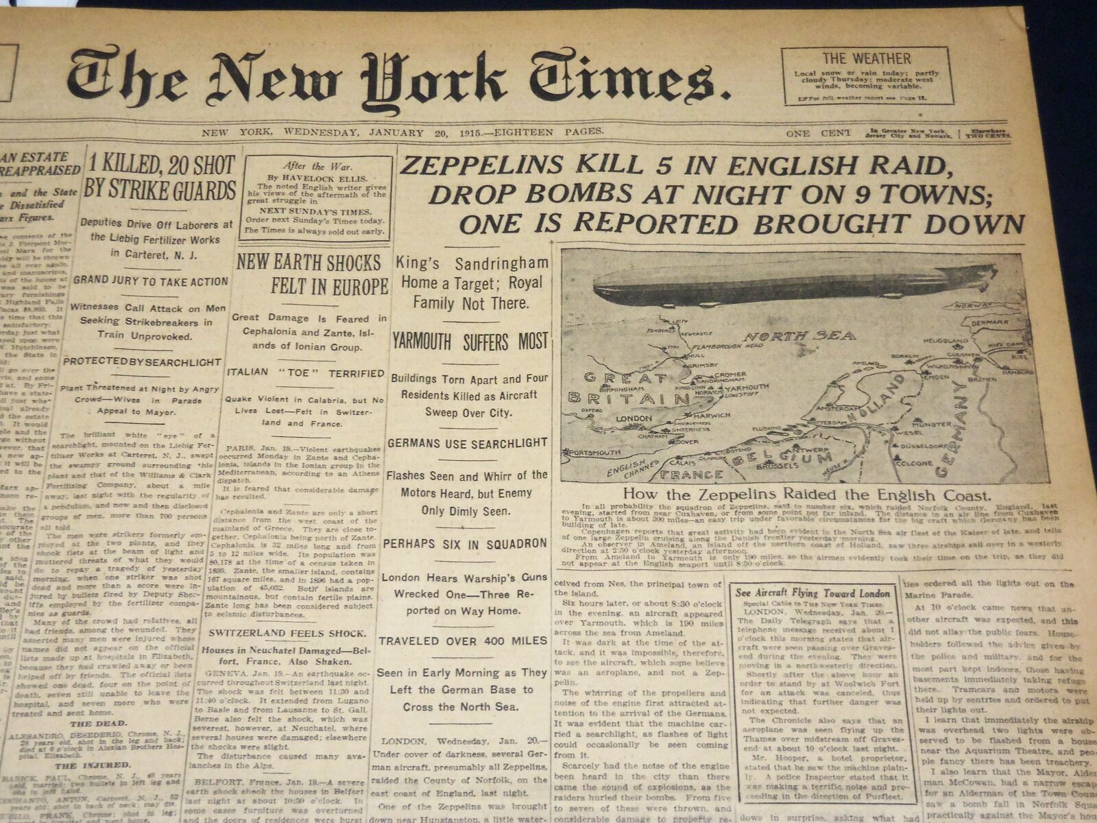 1915 JANUARY 20 NEW YORK TIMES - ZEPPELINS KILL 5 IN ENGLISH RAID - NT 7835