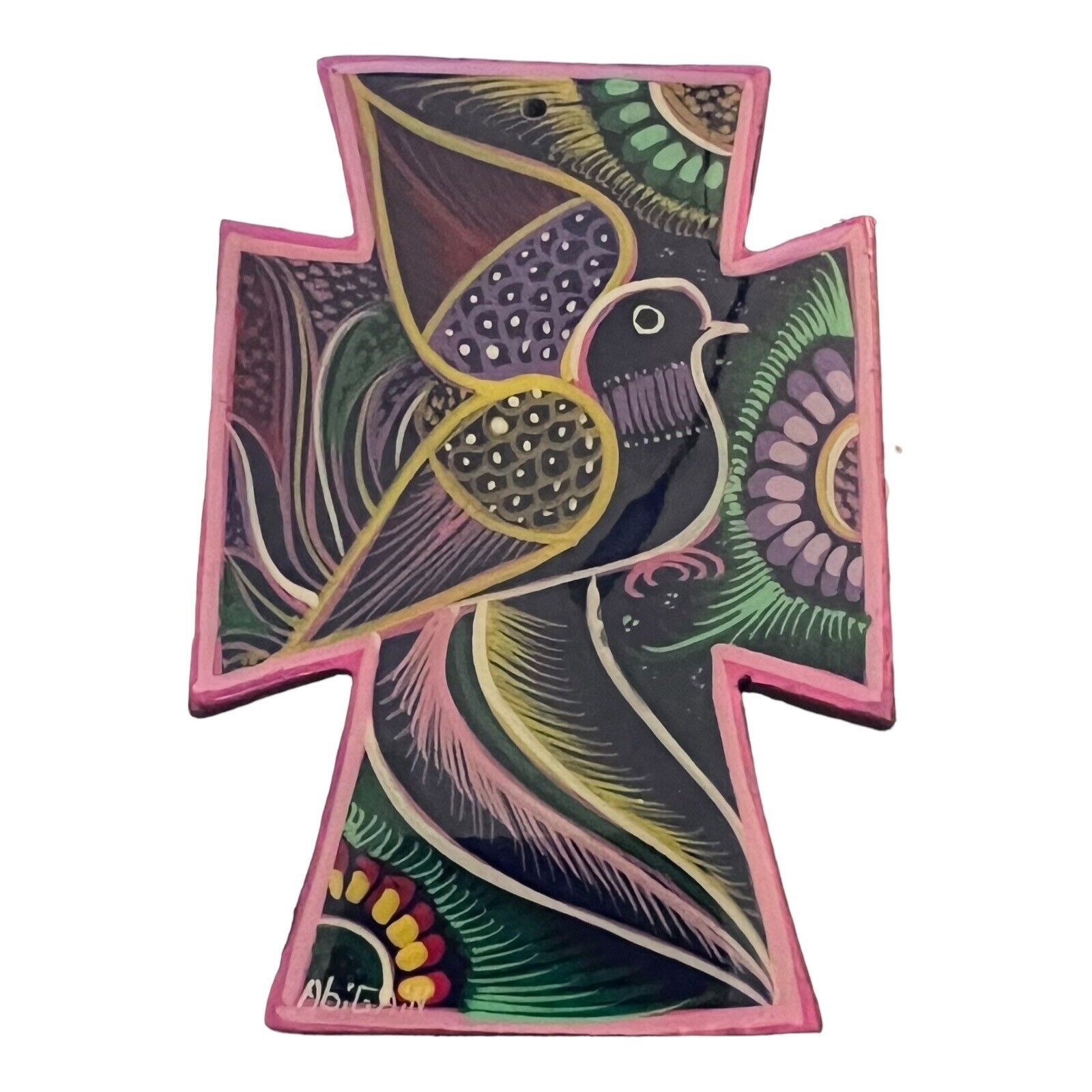 Mexican Folk Art Hand Painted Cross Dove, Abigain Artist Signed 3\