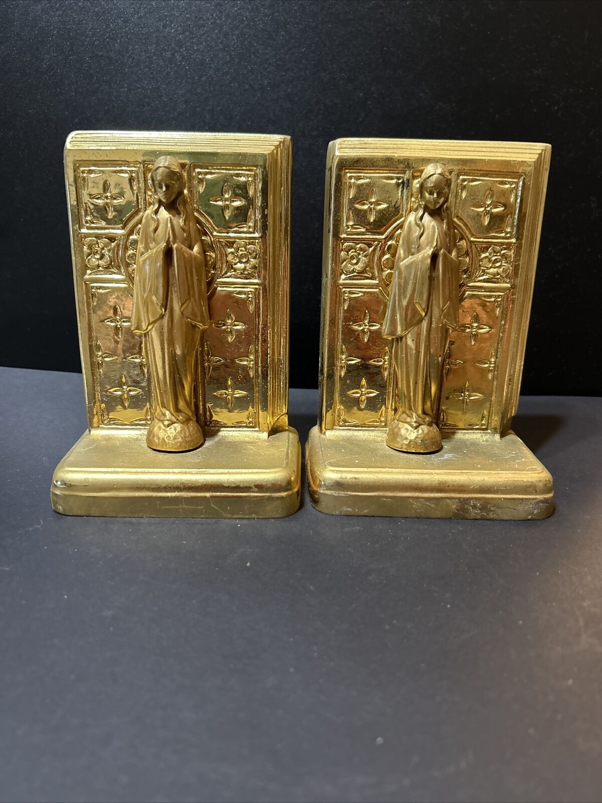 Vintage MADONNA Virgin Mary BOOK ENDS Gold Tone Roses