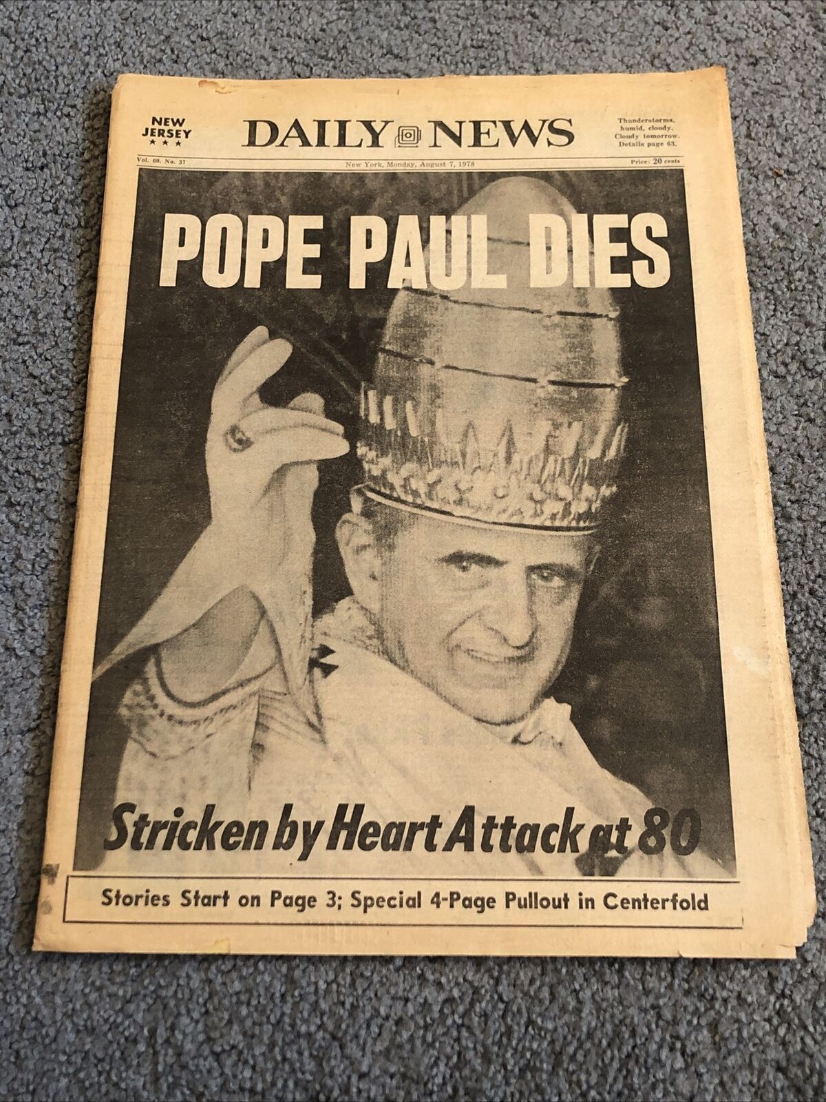 Daily News New York Vintage Newspaper “Pope Paul Dies” August 7, 1978