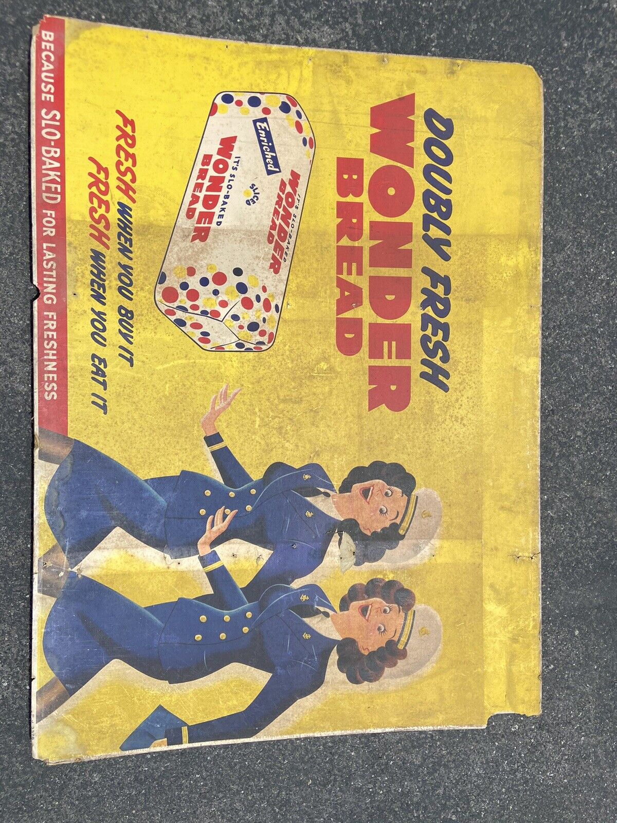 Vintage Wonder Bread Cardboard Slo-Baked Store Advertising Sign WW2 Era