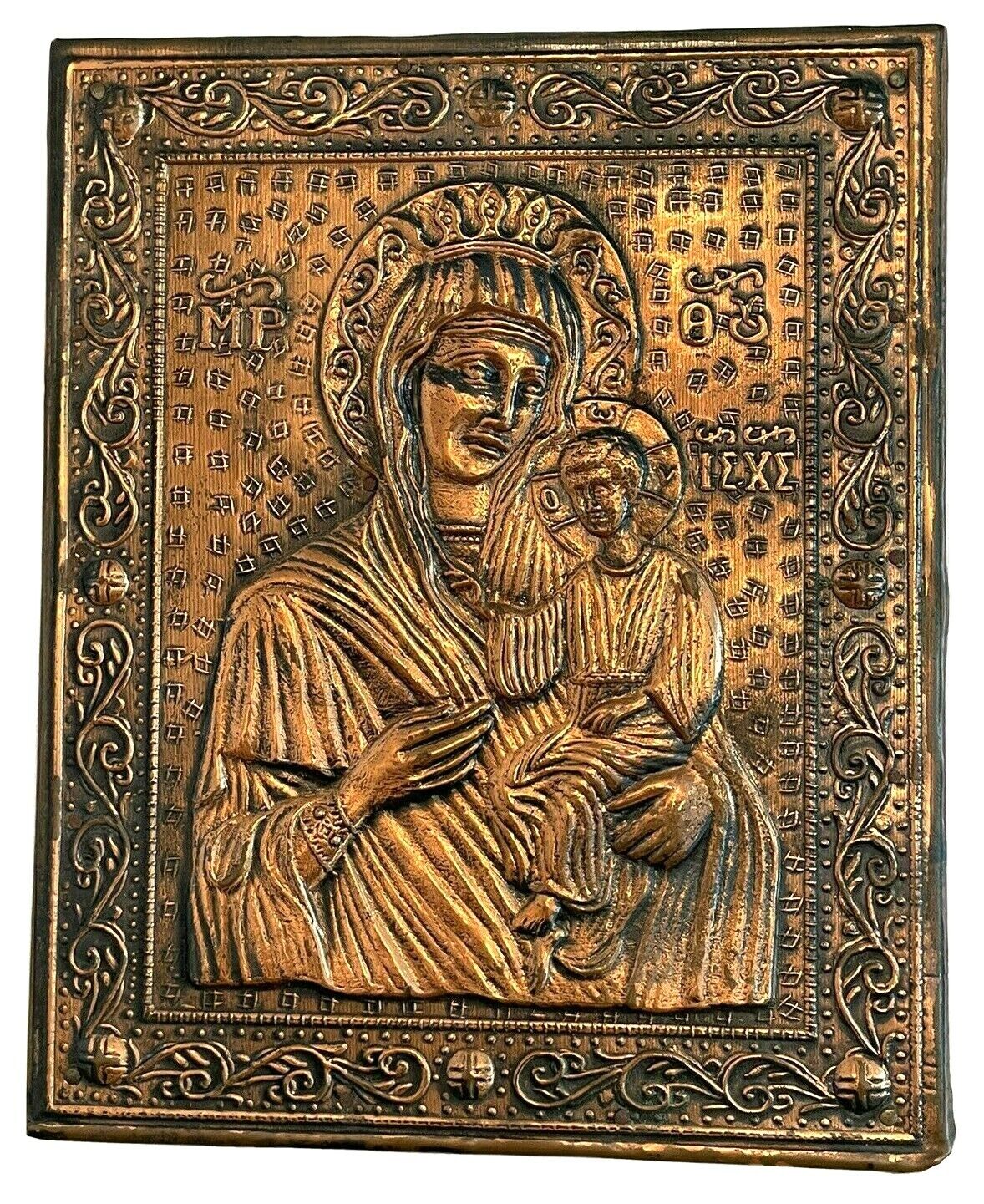 Vintage Madonna and Child Orthodox Religious Icon Plaque Copper Relief on Wood