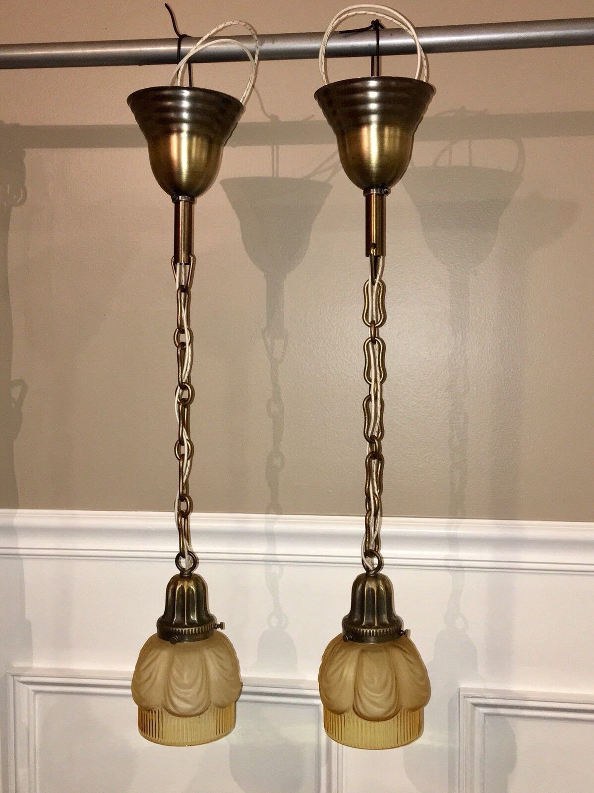 26” Wired Pair Brass Light Fixtures Scalloped Fitters  Shades 49C