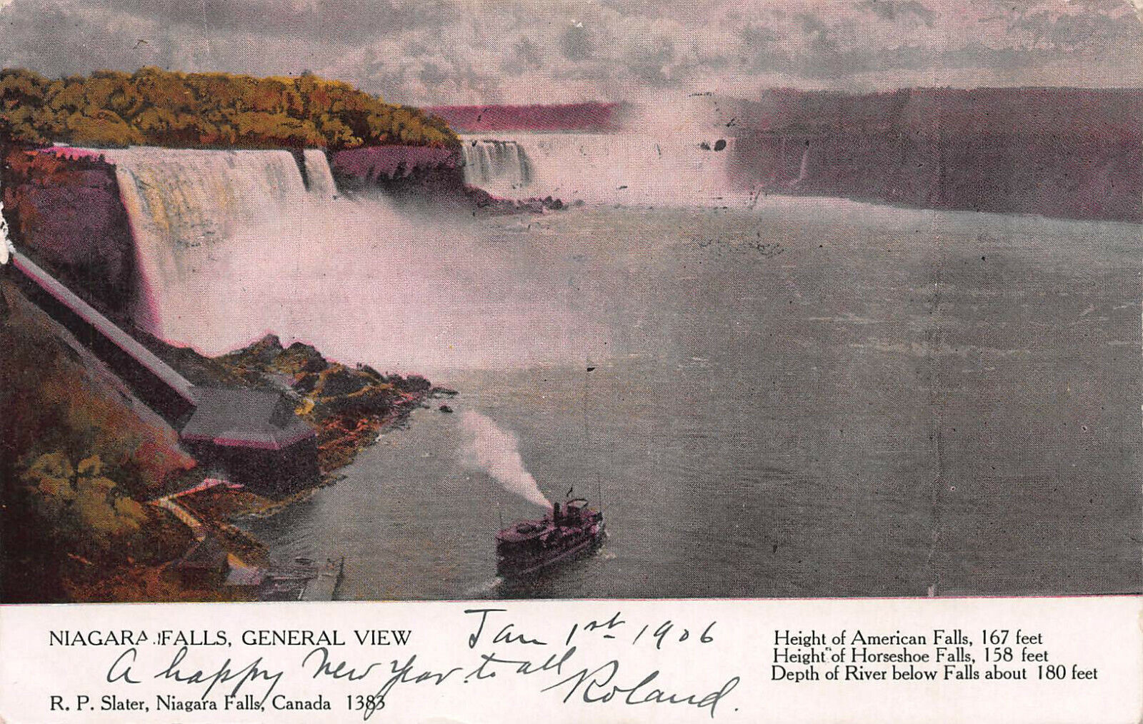 Niagara Falls, General View, Canadian Souvenir Postcard, Used in 1906