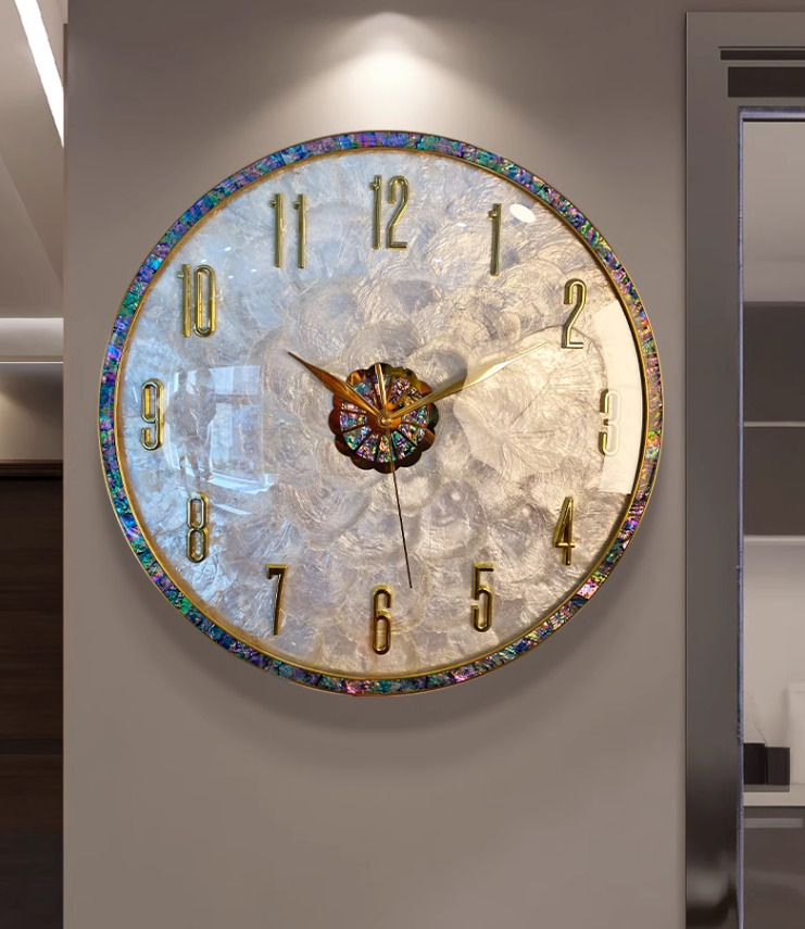 Wall Clock Decorated With Case Made Of Brass and Inlaid With Pearl Shells