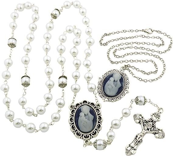 Silver Tone Madonna and Child Cameo Medal Necklace and Rosary Gift Set for Mom