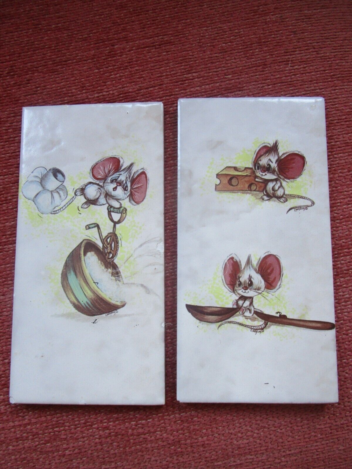 Pair Playful Mice Kitchen Tile artist signed Spain 8\