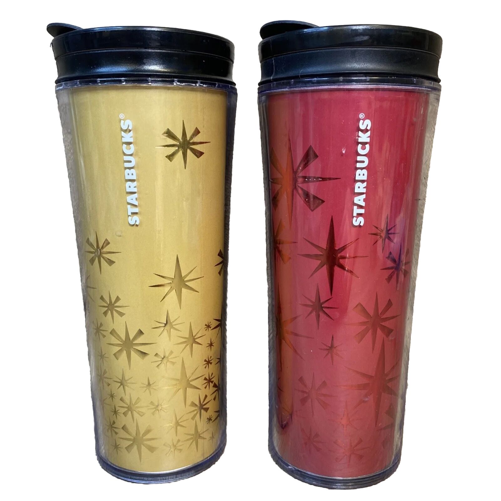 Lot Of 2 STARBUCKS Christmas 2011 12oz TUMBLER Red and Gold Snowflake Star NEW