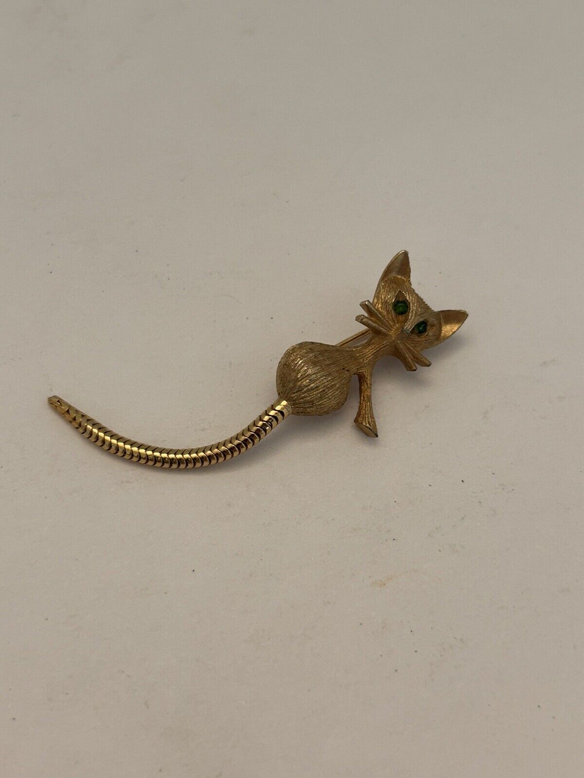 Unique Mid Century Cat Pin Costume Jewelry With Flexible Tail Gold Tones