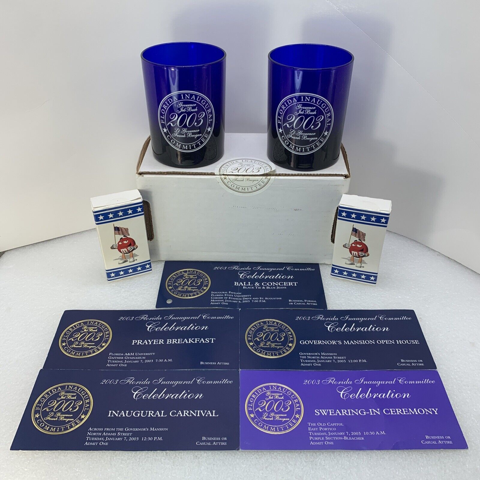 2003 Florida Inaugural Committee Jeb Bush Blue Glass Cups Invitations Gift Box